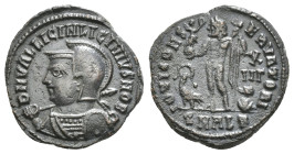 LICINIUS II (Caesar, 317-324). Follis. Alexandria.
Obv: D N VAL LICIN LICINIVS NOB C.
Helmeted and cuirassed bust left, holding shield and spear.
Rev:...