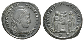 CONSTANTINE I 'THE GREAT' (307/10-337). Follis. Ticinum.
Obv: IMP CONSTANTINVS MAX AVG.
Laureate, helmeted and cuirassed bust right.
Rev: VICTORIAE LA...
