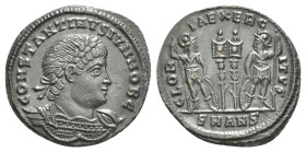 CONSTANTINE II (Caesar, 316-337). Follis. Antioch.
Obv: CONSTANTINVS IVN NOB C.
Laureate and cuirassed bust right.
Rev: GLORIA EXERCITVS / SMANS.
Two ...