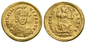 ARCADIUS (383-408). GOLD Solidus. Constantinople.
Obv: D N ARCADIVS P F AVG.
Helmeted and cuirassed bust facing slightly right, holding spear and shie...