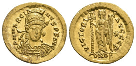 MARCIANUS (450-457). GOLD Solidus. Constantinople.
Obv: D N MARCIANVS P F AVG.
Diademed, helmeted and cuirassed bust facing slightly right, holding sp...