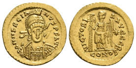MARCIANUS (450-457). GOLD Solidus. Constantinople.
Obv: D N MARCIANVS P F AVG.
Diademed, helmeted and cuirassed bust facing slightly right, holding sp...