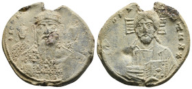 Byzantine Lead Seal, Emperor Romanus I (920-944)
Constantine VII Porphyrogenitus, Romanus I and Christopher, 929-931. [+ IhSЧSX-RISTЧS *] Bust of Jesu...