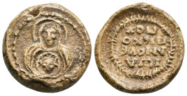 Byzantine lead seal.
Ἰωάννου ἐπισκόπου

John, bishop

Frontal bust of the Virgin Mary praying, wearing a medallion of Christ on her chest.17,96 g...