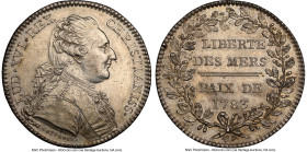 Louis XVI silver "Freedom of Seas" Jeton 1783-Dated AU58 NGC, Feuardent-1595, Lec-210a. 30mm. By Nicolas Marie Gatteaux. Struck following the end of t...