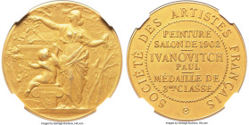 Republic gold "Society of French Artists" Third Class Medal 1902-Dated MS63 NGC, 36mm. 28.36gm. By J.B. Daniel Dupuis. A third class Société des Artis...