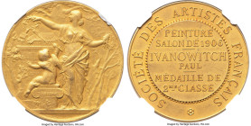 Republic gold "Society of French Artists" Second Class Medal 1906-Dated MS64 NGC, 36mm. 56.36gm. By J.B. Daniel Dupuis. A second class Société des Art...