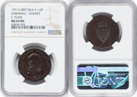 Cornwall. County 1/2 Penny Token 1791 MS65 Brown NGC, DH-2. Edge: Plain. Draped head of Druid left, surrounded by wreath // Coat of arms. HID098012420...