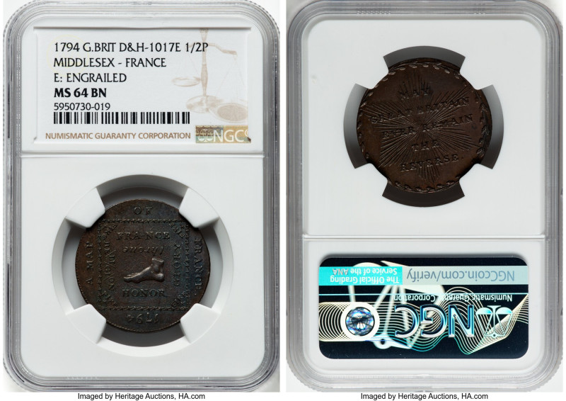 Middlesex. France 1/2 Penny Token 1794 MS64 Brown NGC, D&H-1017E. Edge: Engraile...