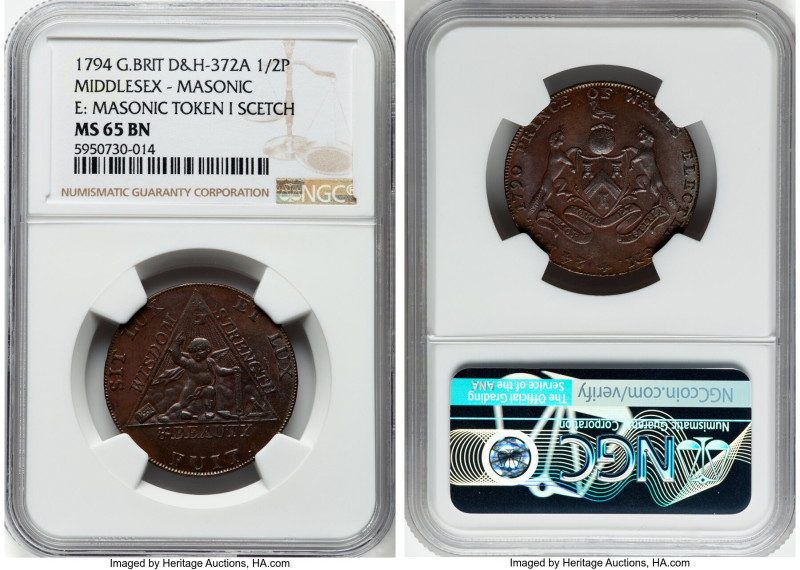 Middlesex. Masonic 1/2 Penny Token 1794 MS65 Brown NGC, D&H-372a. Edge: MASONIC ...