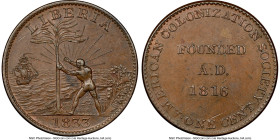 Republic Cent Token 1833 AU58 Brown NGC, Belleville mint, KM-Tn1, CH-2. Large Ship, 14 Rays, 12 Leaves variety. The American Colonization Society was ...