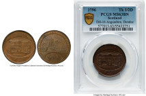 Angusshire. Dundee 1/2 Penny Token 1796 MS63 Brown PCGS, D&H-16. View of building I.W.I. DESIGN in small letters beneath, surrounded by DUNDEE HALFPEN...