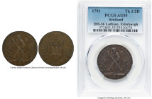 Edinburgh. Lothian Hutchison's 1/2 Penny Token 1791 AU55 Brown PCGS, D&H-36. Edge: PAYABLE AT THE WAREHOUSE OF THOS. & ALEXR. HUTCHISON. St. Andrew wi...