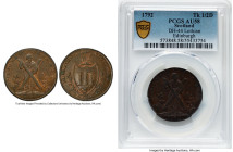 Edinburgh. Lothian Hutchison's 1/2 Penny Token 1792 AU58 Brown PCGS, D&H-44. Edge: PAYABLE AT THE WAREHOUSE OF THOS. & ALEXR. HUTCHISON. St. Andrew wi...