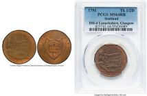 Glasgow. Lanarkshire copper 1/2 Penny Token 1791 MS64 Red and Brown PCGS, D&H-4. Edge: PAYABLE AT THE HOUSE OF GILBERT SHEARER & CO. Initials F. A. un...