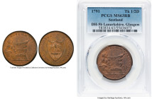 Glasgow. Lanarkshire copper 1/2 Penny Token 1791 MS63 Red and Brown PCGS, D&H-5b. Ornament under date, rounded plain edge. Arms of Glasgow // River go...