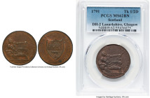 Glasgow. Lanarkshire copper 1/2 Penny Token 1791 MS62 Brown PCGS, D&H-2. Edge: PAYABLE AT THE HOUSE OF GILBERT SHEARER & CO. Arms of Glasgow // River ...