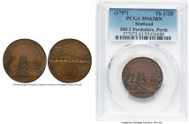 Perthshire. Perth 1/2 Penny Token ND (1797) MS63 Brown PCGS, D&H-2. Man dragging fishing net to shore with boat anchored on beach // View of Tay Bridg...