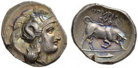  GRIECHISCHE MÜNZEN   LUKANIEN   THURIOI  Nomos, 350-330. Athenakopf im Helm mit Helmzier n.r., auf dem Kessel steinschleudernde Skylla, auf dem Nacke...