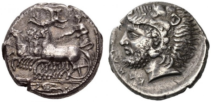  GRIECHISCHE MÜNZEN   SIZILIEN   KAMARINA  Tetradrachmon, 425-405. Athena im phr...