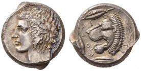  GRIECHISCHE MÜNZEN   SIZILIEN   LEONTINOI  Tetradrachmon, 430-420. Apollokopf mit L. n.l. Rv. LEO-N-TI-NON Löwenkopf n.l., gerahmt von drei Getreidek...