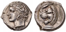  GRIECHISCHE MÜNZEN   SIZILIEN   LEONTINOI  Tetradrachmon, 430-420. Apollokopf mit Lorbeerkranz n.l. Rv. LEO-N-TI-NON Löwenkopf n.l., gerahmt von drei...
