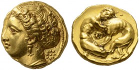  GRIECHISCHE MÜNZEN   SIZILIEN   SYRAKUS  100 Litren, Gold, 405-400. [ΣΥΡAKOΣIΩN] Arethusakopf n.l., das Haar in einem sternenverzierten Ampyx; sie is...