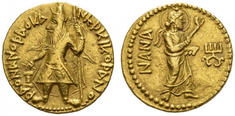  GRIECHISCHE MÜNZEN   KUSAN   KANISKA I., 127-151  Dinar, Gold. Der bärtige Köni...