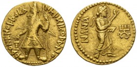  GRIECHISCHE MÜNZEN   KUSAN   KANISKA I., 127-151  Dinar, Gold. Der bärtige König mit Dreizackszepter und umgehängtem Bogen neben einem brennenden Alt...