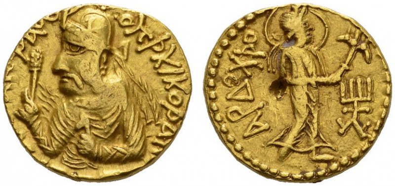  GRIECHISCHE MÜNZEN   KUSAN   HUVISKA, 155-187  Dinar, Gold. Drap. Königsbüste n...
