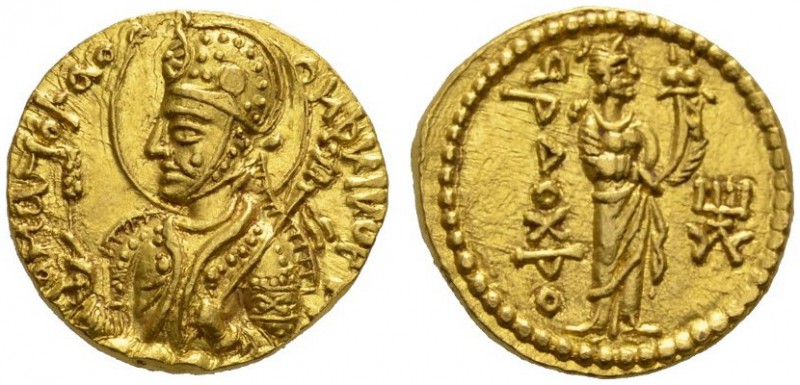  GRIECHISCHE MÜNZEN   KUSAN   HUVISKA, 155-187  Dinar, Gold. Büste des Königs n....