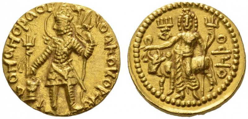  GRIECHISCHE MÜNZEN   KUSAN   VASUDEVA I., 191-225  Dinar, Gold. König mit Nimbu...