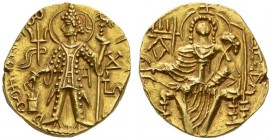  GRIECHISCHE MÜNZEN   KUSAN   REGIONALFÜRSTEN, nach 365  Dinar, Gold. Fürst frontal stehend, Kopf mit Nimbus n.l., in der Linken Adlerszepter haltend,...