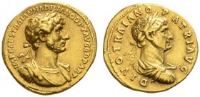  RÖMISCHE MÜNZEN   KAISERZEIT   HADRIANUS, 117-138  Mit seinem verstorbenen Adoptivvater Trajan . Aureus, 117. IMP CAES TRAIAN HADRIANO OPT AVG G D PA...