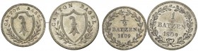  SCHWEIZER MÜNZEN & MEDAILLEN   BASEL, KANTON   Lot von 2 Münzen: 1 Batzen 1809 (unz) und 1/2 Batzen 1809 (FDC). Unzirkuliert ­ FDC (2) Provenance: Sa...