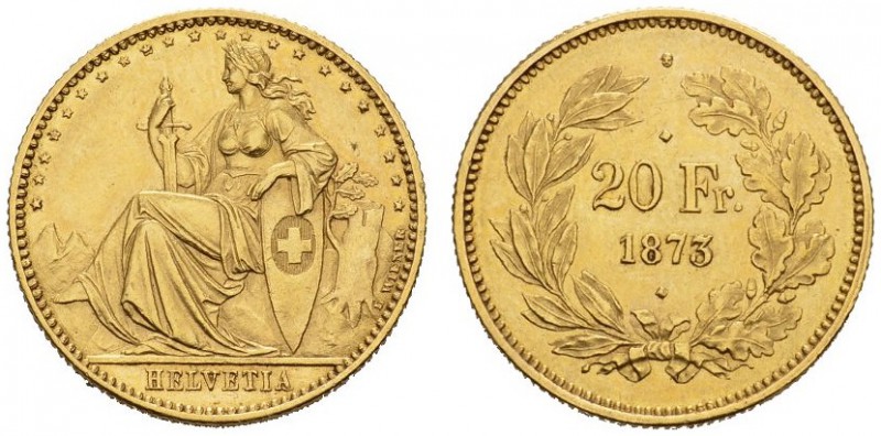  SCHWEIZER MÜNZEN & MEDAILLEN   EIDGENOSSENSCHAFT   20 Franken 1873, Brüssel. So...