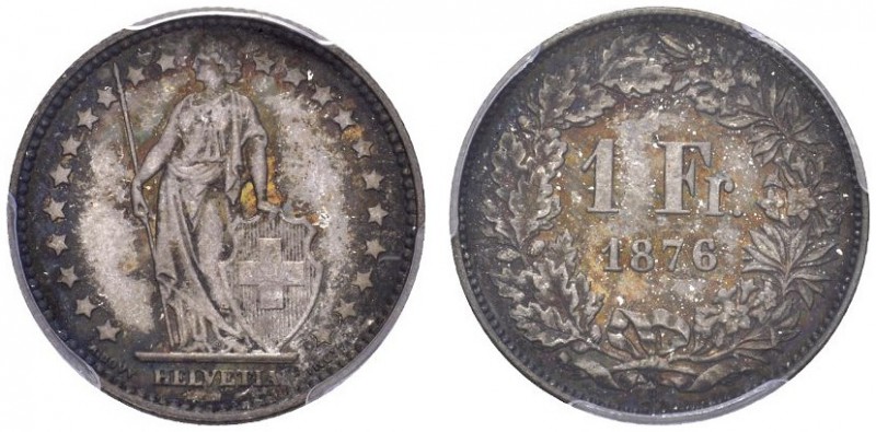  SCHWEIZER MÜNZEN & MEDAILLEN   EIDGENOSSENSCHAFT   1 Franken 1876 B, Bern. HMZ ...