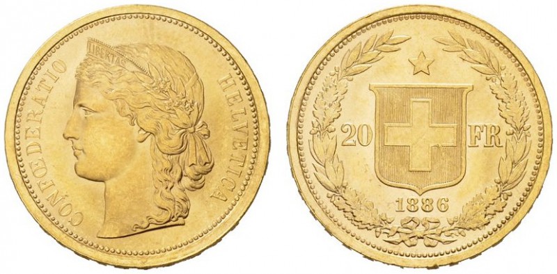  SCHWEIZER MÜNZEN & MEDAILLEN   EIDGENOSSENSCHAFT   20 Franken 1886, Bern. Fr. 4...