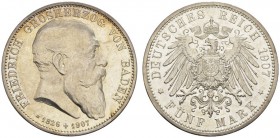  DEUTSCHE MÜNZEN AB 1871   REICHSSILBER- UND GOLDMÜNZEN   BADEN   Friedrich I., 1852-1907. 5 Mark 1907. Auf seinen Tod. Dav. 537; J. 37; K./M. 279. At...