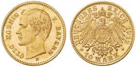  DEUTSCHE MÜNZEN AB 1871   REICHSSILBER- UND GOLDMÜNZEN   BAYERN   Otto II., 1886-1913. 10 Mark 1912 D. Fr. 3771; J. 201; K./M. 994. 3,98 g. GOLD. Unz...