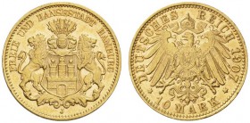  DEUTSCHE MÜNZEN AB 1871   REICHSSILBER- UND GOLDMÜNZEN   HAMBURG   Freie und Hansestadt. 10 Mark 1907 J. Fr. 3781; J. 211, K./M. 608. 3,97 g. GOLD. U...