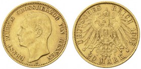  DEUTSCHE MÜNZEN AB 1871   REICHSSILBER- UND GOLDMÜNZEN   HESSEN   Ernst Ludwig, 1892-1918. 20 Mark 1905 A. Fr. 3795; J. 226; K./M. 374. 7,95 g. GOLD....