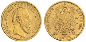  DEUTSCHE MÜNZEN AB 1871   REICHSSILBER- UND GOLDMÜNZEN   WÜRTTEMBERG   Karl, 1864-1891. 20 Mark 1873 F. Fr. 3870; J. 290; K./M. 622. 7,95 g. GOLD. Vo...