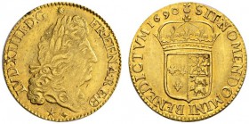  EUROPEAN COINS & MEDALS   FRANCE ROYALE   ROYAUME   Louis XIV, 1643-1715. Louis d'or de Béarn à l'écu 1690, Pau. Flan neuf. Fr. 431; Gadoury 251 (R3)...