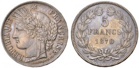  EUROPEAN COINS & MEDALS   FRANCE ROYALE   TROISIEME REPUBLIQUE, 1870-1940.   5 Francs 1870 A, Paris. Dav. 97; Gadoury 743; K./M. 818.1. Splendide exe...