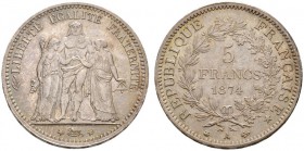  EUROPEAN COINS & MEDALS   FRANCE ROYALE   TROISIEME REPUBLIQUE, 1870-1940.   5 Francs 1874 A, Paris. Dav. 92; Gadoury 745; K./M. 820.1. FDC