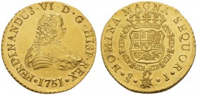  COINS & MEDALS FROM OVERSEAS   CHILE   Fernando VI, 1746-1760. 8 Escudos 1751 So-J, Santiago. Fr. 5; K./M. 3. 26,99 g. GOLD. Uncirculated