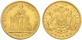  COINS & MEDALS FROM OVERSEAS   CHILE   Republic, since 1817. 10 Pesos 1866 So, Santiago. Fr. 45; K./M. 131. 15,27 g. GOLD. Extremely fine