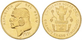  COINS & MEDALS FROM OVERSEAS   PERU   Republic, since 1822. 50 Soles 1931. Original strike. Fr. 77; K./M. 219. 33,43 g. GOLD. Uncirculated