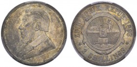  COINS & MEDALS FROM OVERSEAS   SOUTH AFRICA   Ohm Krüger, President. 2 Shillings 1893. Dressed bust left // Circular shield of arms over flags, eagle...